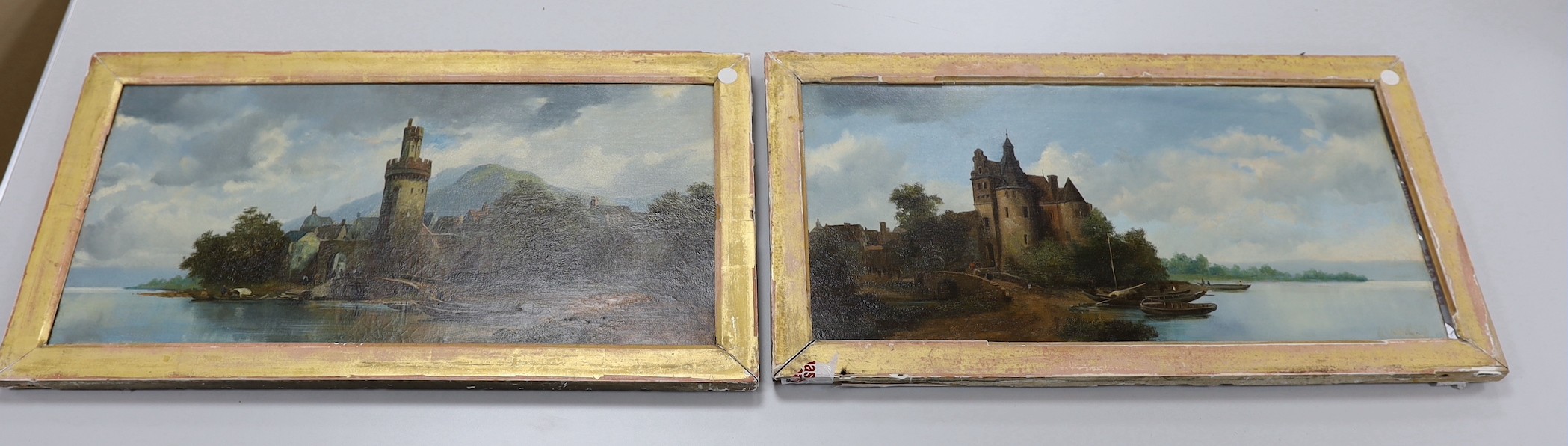 English School c.1900, pair of oils on canvas, German river landscapes, signature erased, 30 x 60cm